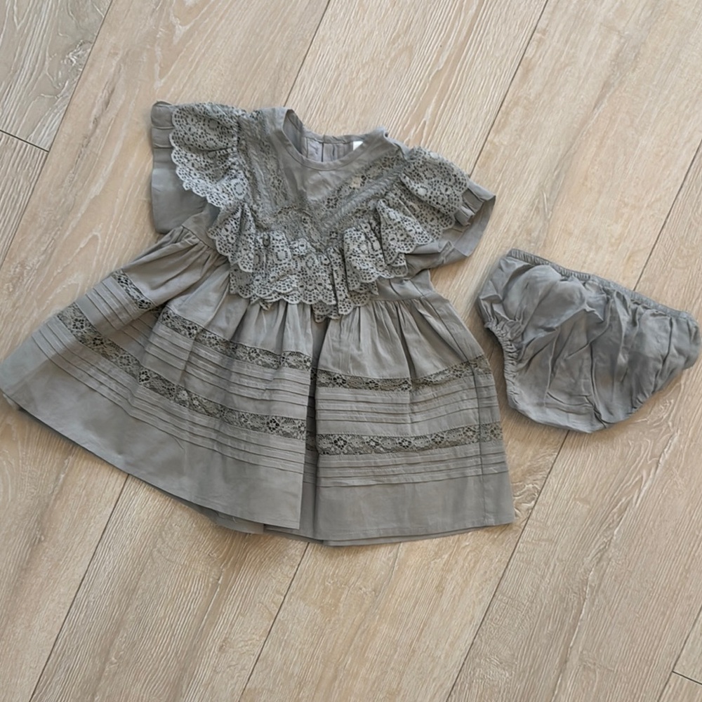 Olive Green Lace Baby Dress with Bloomers